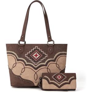 imageMontana West Aztec Tote Bag for Women Embroidered Western Shoulder Purse and Wallet SetCoffee