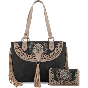 imageMontana West Aztec Tote Bag for Women Embroidered Western Shoulder Purse and Wallet SetFringe Black