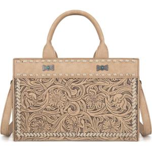 imageMontana West Western Tooling Handbags Vintage Prints and Whipstitch CraftsmanshipStitching Tan