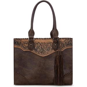 imageMontana West Western Tooling Handbags Vintage Prints and Whipstitch CraftsmanshipTassels Coffe