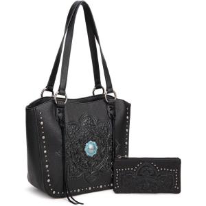 imageMontana West Western Tooling Tote Bag with Wallet Set for Women Vintage Studded Top Handle Shoulder HandbagFloral Black