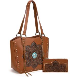 imageMontana West Western Tooling Tote Bag with Wallet Set for Women Vintage Studded Top Handle Shoulder HandbagFloral Brown