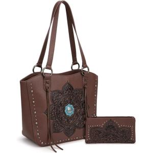 imageMontana West Western Tooling Tote Bag with Wallet Set for Women Vintage Studded Top Handle Shoulder HandbagFloral Coffee