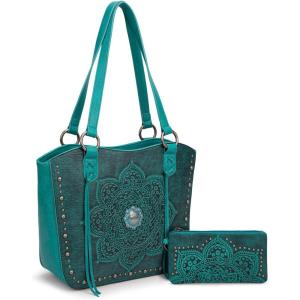 imageMontana West Western Tooling Tote Bag with Wallet Set for Women Vintage Studded Top Handle Shoulder HandbagFloral Turquoise