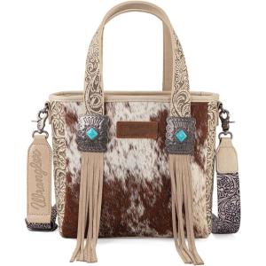 imageMontana West X Wrangler Cowhide Tote Bag for Women Western Tooling Handbag Leather Fringing With Turquoise Stone ConchoBeige