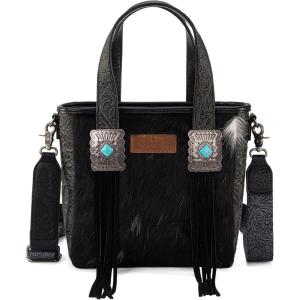 imageMontana West X Wrangler Cowhide Tote Bag for Women Western Tooling Handbag Leather Fringing With Turquoise Stone ConchoBlack