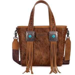 imageMontana West X Wrangler Cowhide Tote Bag for Women Western Tooling Handbag Leather Fringing With Turquoise Stone ConchoBrown