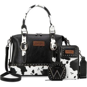 imageWrangler 3Pcs Doctor Bag Sets for Women Tophandle Satchel Bag with Cell Phone Handbag and Coin PurseBlack Cow Print