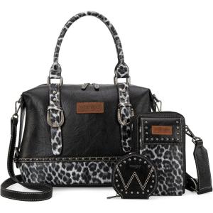 imageWrangler 3Pcs Doctor Bag Sets for Women Tophandle Satchel Bag with Cell Phone Handbag and Coin PurseBlack Leopard