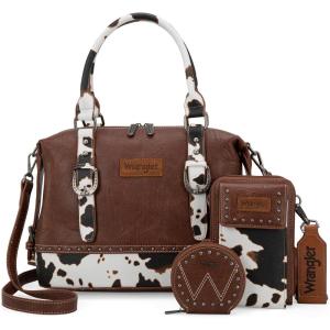 imageWrangler 3Pcs Doctor Bag Sets for Women Tophandle Satchel Bag with Cell Phone Handbag and Coin PurseBrown Cow Print