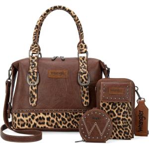 imageWrangler 3Pcs Doctor Bag Sets for Women Tophandle Satchel Bag with Cell Phone Handbag and Coin PurseBrown Leopard