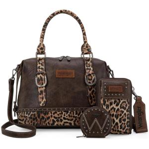 imageWrangler 3Pcs Doctor Bag Sets for Women Tophandle Satchel Bag with Cell Phone Handbag and Coin PurseCoffee Leopard