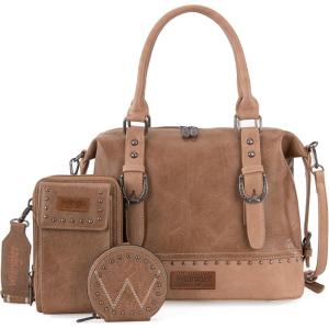 imageWrangler 3Pcs Doctor Bag Sets for Women Tophandle Satchel Bag with Cell Phone Handbag and Coin PurseEyecatching Khaki