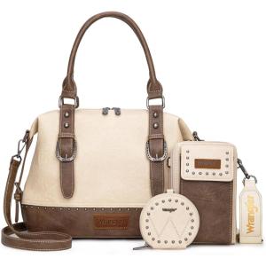 imageWrangler 3Pcs Doctor Bag Sets for Women Tophandle Satchel Bag with Cell Phone Handbag and Coin PurseTan