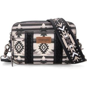 imageWrangler Crossbody Bag for Women Boho Aztec Small Multi Pocket Crossover PurseAngel Diamond Black With Adjustable Strap
