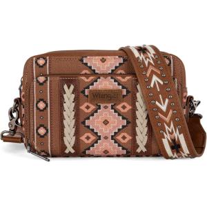 imageWrangler Crossbody Bag for Women Boho Aztec Small Multi Pocket Crossover PurseAngel Diamond Brown With Adjustable Strap