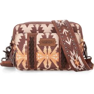 imageWrangler Crossbody Bag for Women Boho Aztec Small Multi Pocket Crossover PurseAngel Diamond Camel With Adjustable Strap