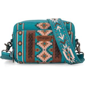 imageWrangler Crossbody Bag for Women Boho Aztec Small Multi Pocket Crossover PurseAngel Diamond Dark Turquoise With Adjustable Strap