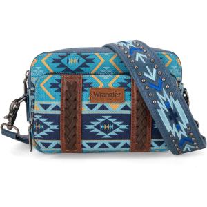 imageWrangler Crossbody Bag for Women Boho Aztec Small Multi Pocket Crossover PurseAngel Diamond Navy With Adjustable Strap