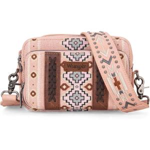 imageWrangler Crossbody Bag for Women Boho Aztec Small Multi Pocket Crossover PurseAngel Diamond Pink With Adjustable Strap