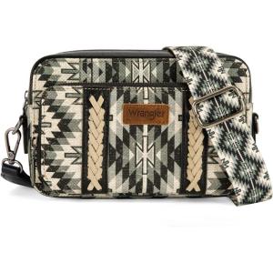 imageWrangler Crossbody Bag for Women Boho Aztec Small Multi Pocket Crossover PurseAngel Retro Black