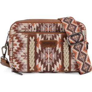 imageWrangler Crossbody Bag for Women Boho Aztec Small Multi Pocket Crossover PurseAngel Retro Brown
