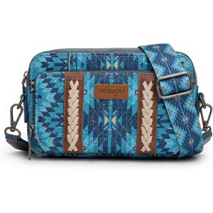 imageWrangler Crossbody Bag for Women Boho Aztec Small Multi Pocket Crossover PurseAngel Retro Navy
