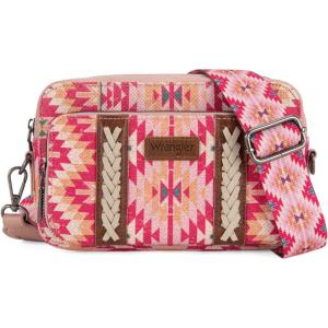imageWrangler Crossbody Bag for Women Boho Aztec Small Multi Pocket Crossover PurseAngel Retro Pink