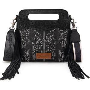 imageWrangler Crossbody Bags for Women Western Fringe Top Handle Handbags Embroidered Boot Scroll Crossbody BagAmediumblack