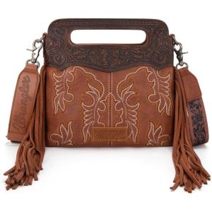 imageWrangler Crossbody Bags for Women Western Fringe Top Handle Handbags Embroidered Boot Scroll Crossbody BagAmediumbrown