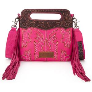 imageWrangler Crossbody Bags for Women Western Fringe Top Handle Handbags Embroidered Boot Scroll Crossbody BagAmediumhot Pink