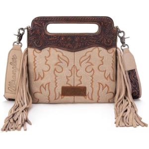 imageWrangler Crossbody Bags for Women Western Fringe Top Handle Handbags Embroidered Boot Scroll Crossbody BagAmediumtan