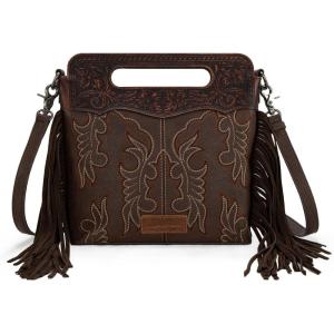 imageWrangler Crossbody Bags for Women Western Fringe Top Handle Handbags Embroidered Boot Scroll Crossbody BagBlargecoffee