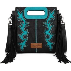 imageWrangler Crossbody Bags for Women Western Fringe Top Handle Handbags Embroidered Boot Scroll Crossbody BagEblack