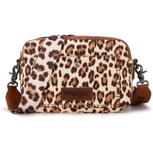 imageWrangler Crossbody Purses for Women Trendy Camera Snapshot Bag with Wide StrapDouble Layer Leopard Brown