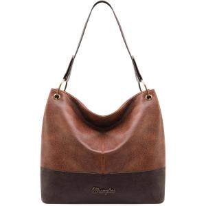 imageWrangler Hobo Bags for Women Vegan Leather Top Handle Shoulder Purses and HandbagsTwo Tone Brown