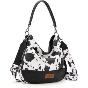 imageWrangler Large Hobo Crossbody Bag for Women Shoulder Purse Handbags with Adjustable StrapCow Print  Black