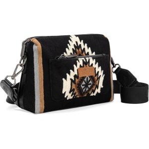 imageWrangler Western Aztec Small Crossbody Bags for Women Multi Pocket Over Shoulder Crossbody Purse with Guitar StrapBlack