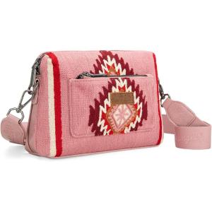 imageWrangler Western Aztec Small Crossbody Bags for Women Multi Pocket Over Shoulder Crossbody Purse with Guitar StrapPink
