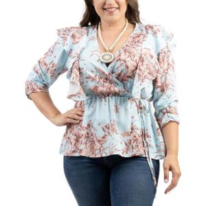 imageMontana West Floral Plus Size Tops for Women Wrap Peplum Top Blouses Tops Plus Size Shirts V Neck ABTS1013BL3XL Blue 3XLarge
