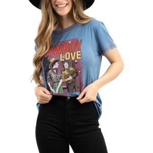 imageMontana West Western Shirts for Women Cowboy Love Graphic Tees Country Concert Outfits Mineral Wash T Shirt Short Sleeve Blue