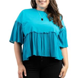 imageMontana West Womens Plus Size Tops 12 Bell Sleeve Shirts Summer Crewneck Loose Ruffle High Low Hem Peplum Blouse Teal ABUABT1027TLXL