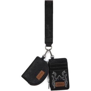 imageWrangler KeyChain Wristlet Wallets for Women Western Dual Pouch Wristlet Embroidered Boot Scroll Card Holder Wallet With ZipperBlack