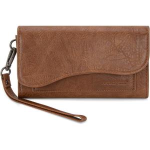 imageMontana West Wallets for Women Large Phone Wristlet Wallets Trifold Money Organizers with Coin Purse and Wrist StrapBrown