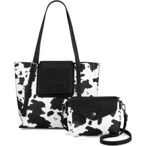 imageMontana West Wrangler 2Pcs Handbag Sets Purses for Women Medium Tote Bag Crossbody PursesCow Print Black