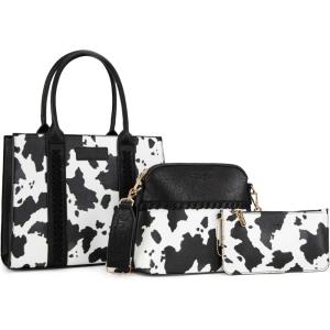 imageWrangler 3Pcs Purses for Women Tote Bag Crossbody Handbag Sets with StrapCow Black
