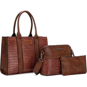 imageWrangler 3Pcs Purses for Women Tote Bag Crossbody Handbag Sets with StrapCrocodile Brown