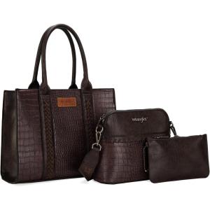 imageWrangler 3Pcs Purses for Women Tote Bag Crossbody Handbag Sets with StrapCrocodile Coffee