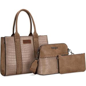 imageWrangler 3Pcs Purses for Women Tote Bag Crossbody Handbag Sets with StrapCrocodile Khaki