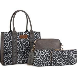 imageWrangler 3Pcs Purses for Women Tote Bag Crossbody Handbag Sets with StrapLeopard Grey